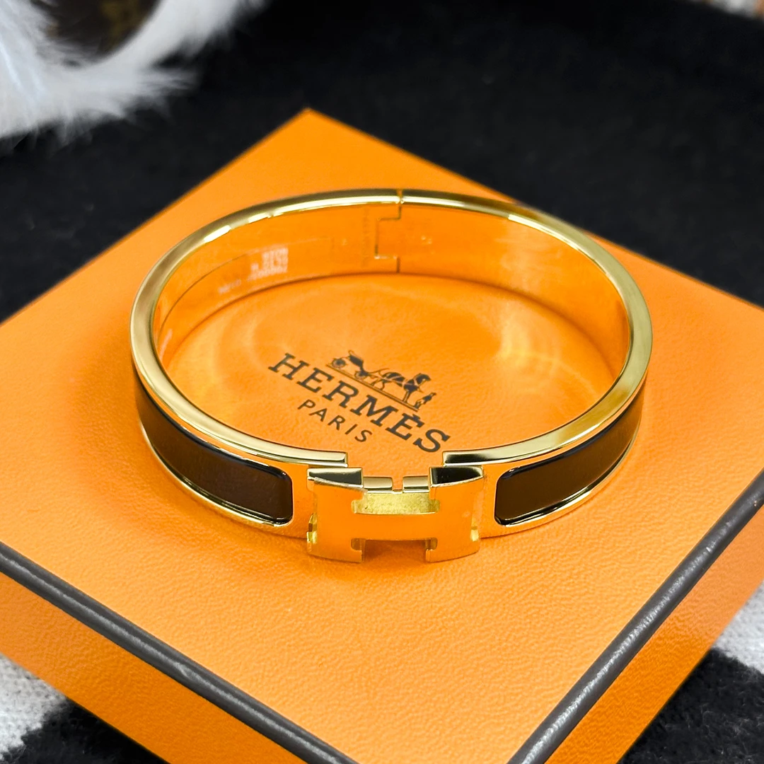 99新 Hermes/爱马仕 黑色拼玫瑰金边clic H珐琅手镯
