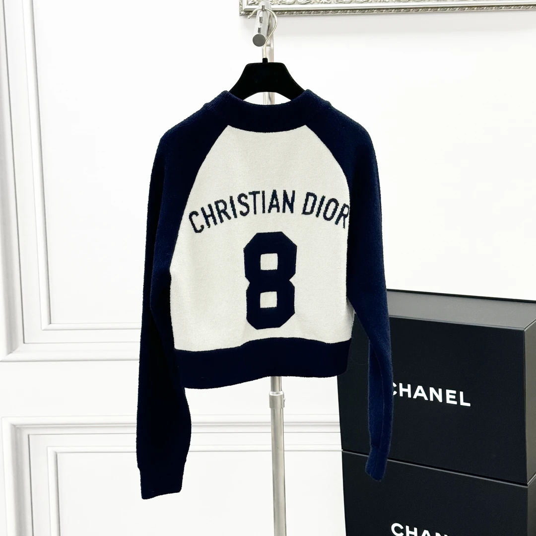 99新 DIOR/迪奥  F36码藏蓝色拼白色字母logo针织开衫，外套