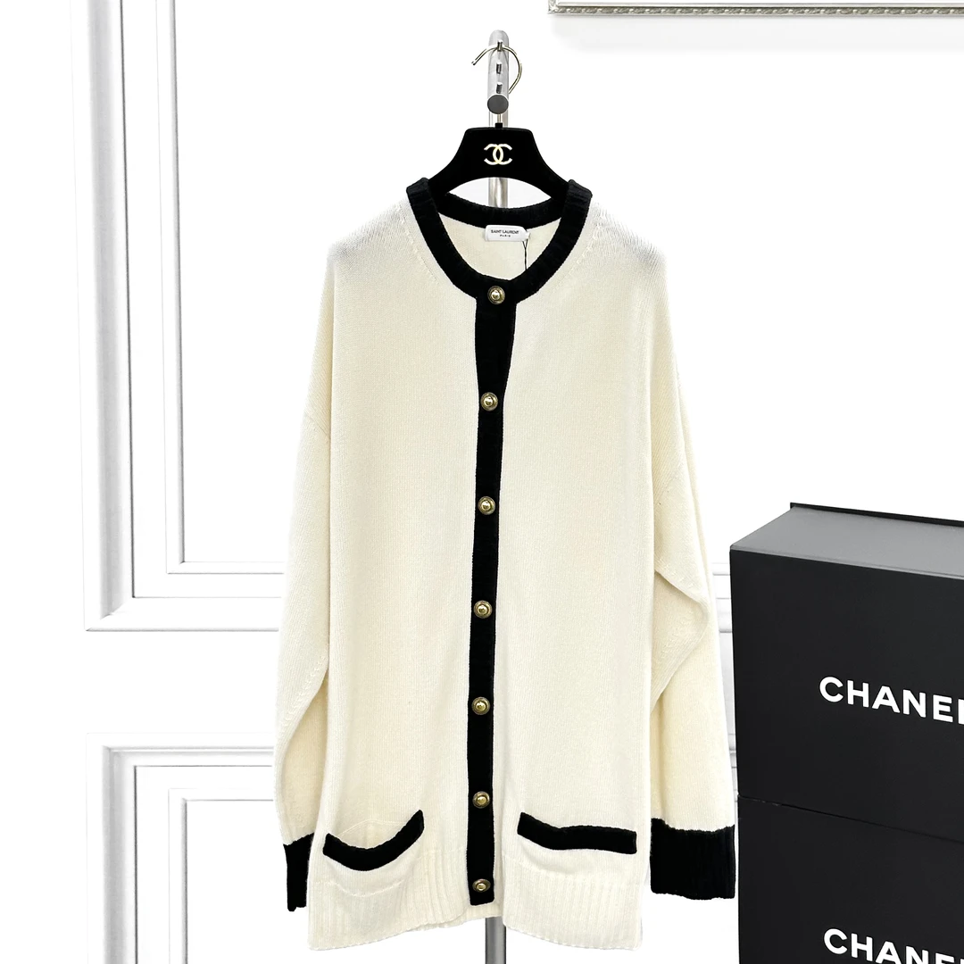 99新 Saint Laurent Paris M码 白色 拼黑色边 长袖 针织开衫