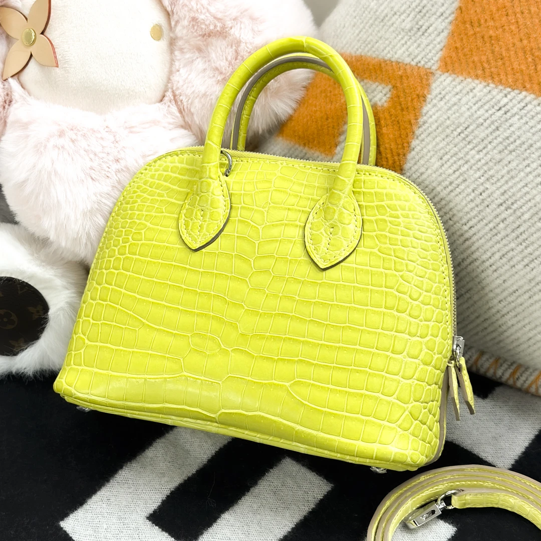 99新 Hermes/爱马仕 mini bolide 9R柠檬黄 银扣倒V雾面鳄鱼B刻包