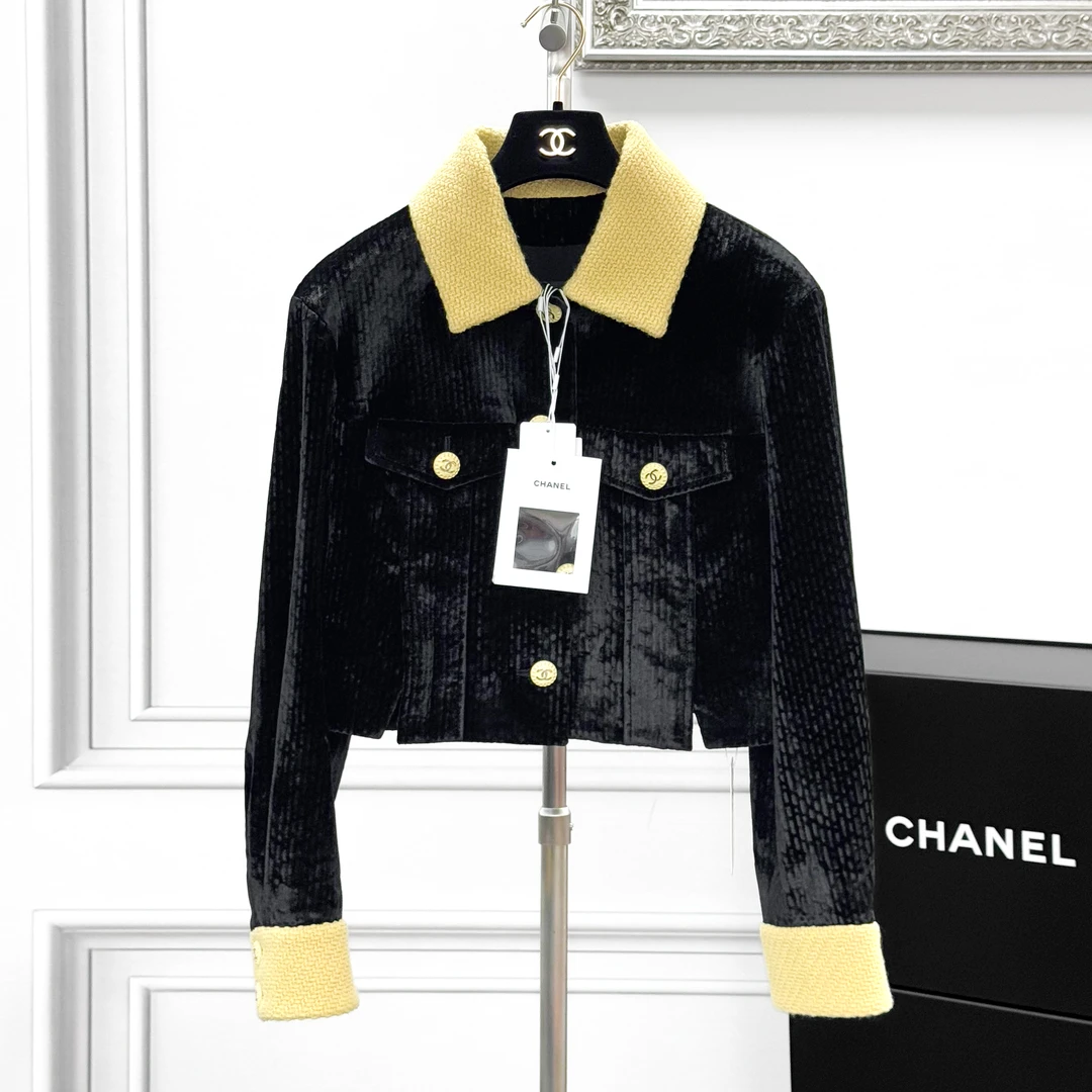 99新 Chanel/香奈儿 38码22B黑色拼黄色灯芯绒短款外套