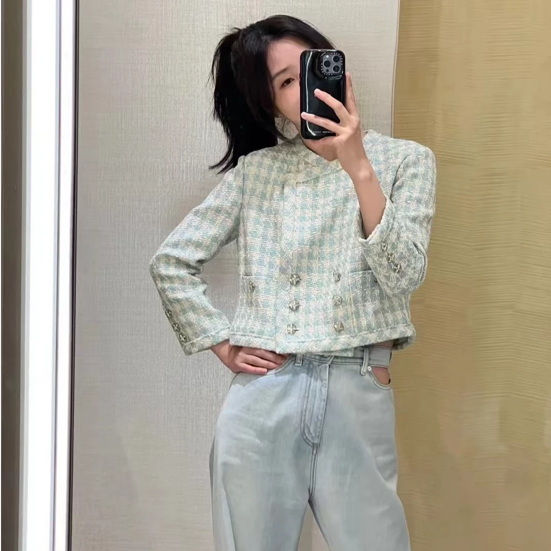 99新 Chanel/香奈儿 36码23S春夏薄荷绿双排扣格纹短款外套