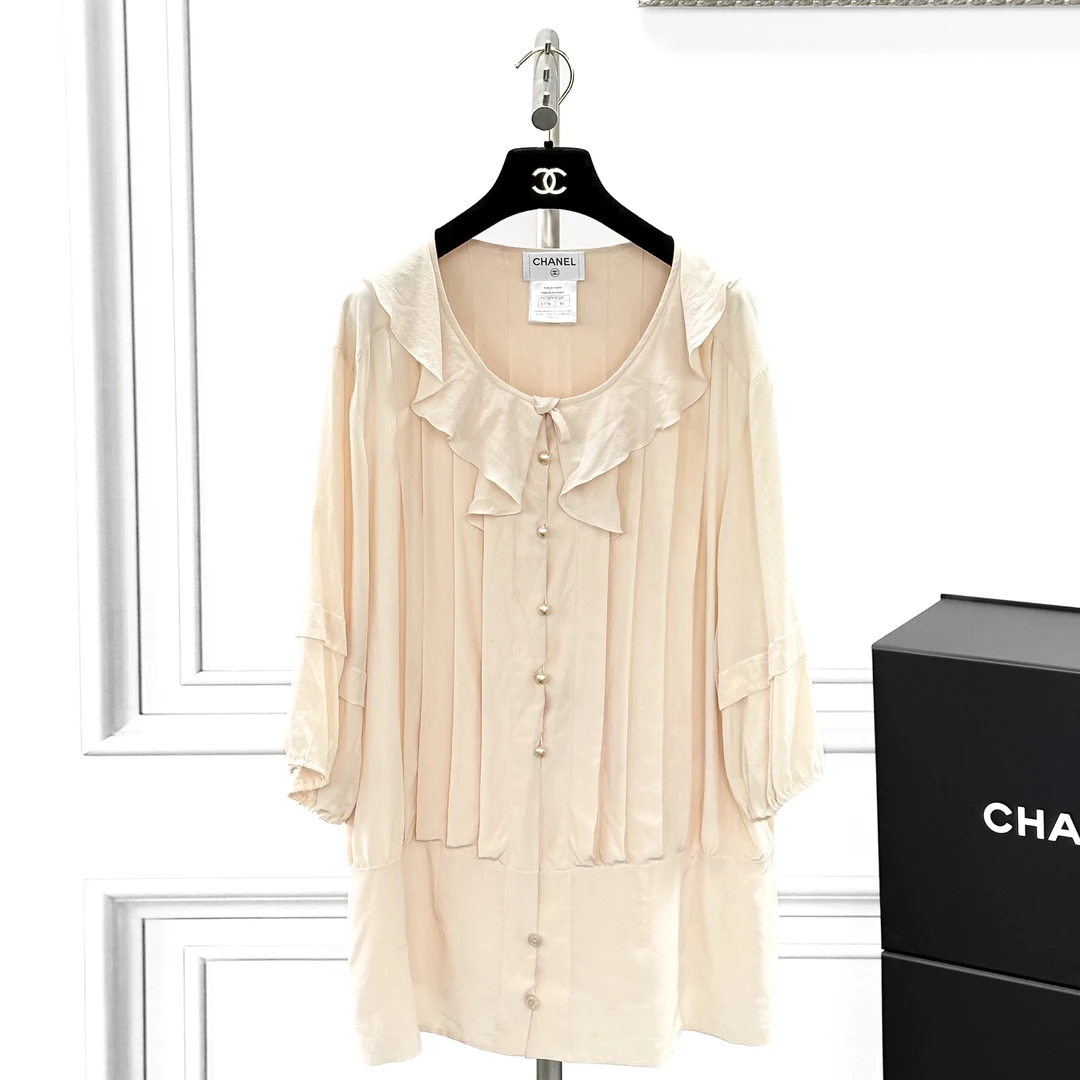 99新 Chanel/香奈儿 48码肉粉色荷叶领雪纺长袖上衣