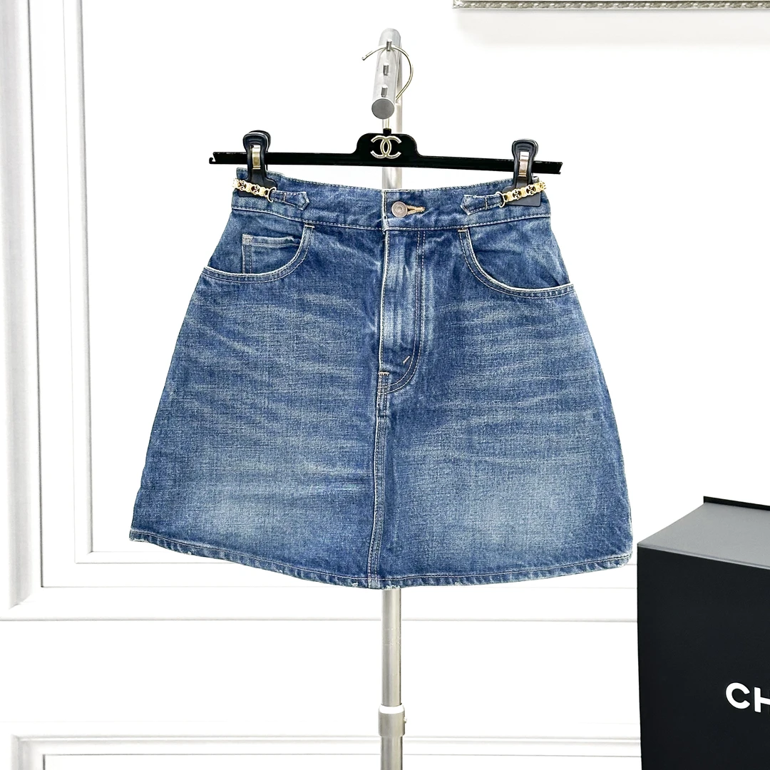 99新 Celine/思琳 25码 凯旋门扣蓝色牛仔短裙