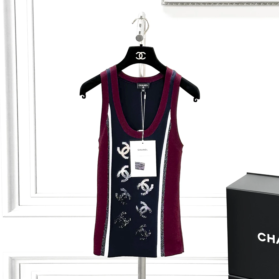 99新 Chanel/香奈儿 38码23B爆款酒红色拼色条纹亮片logo背心