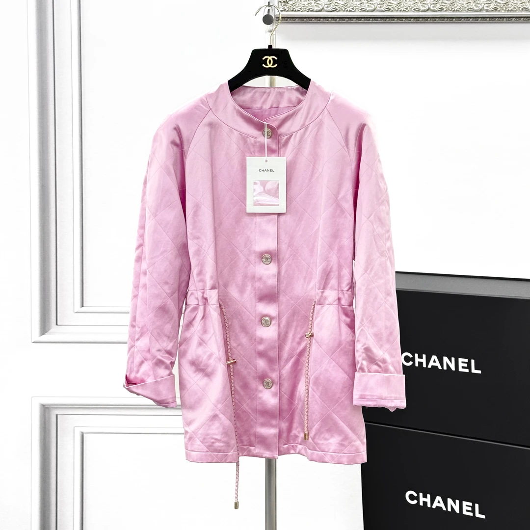 99新 Chanel/香奈儿 36码23P粉色菱格纹蚕丝缎面抽绳外套