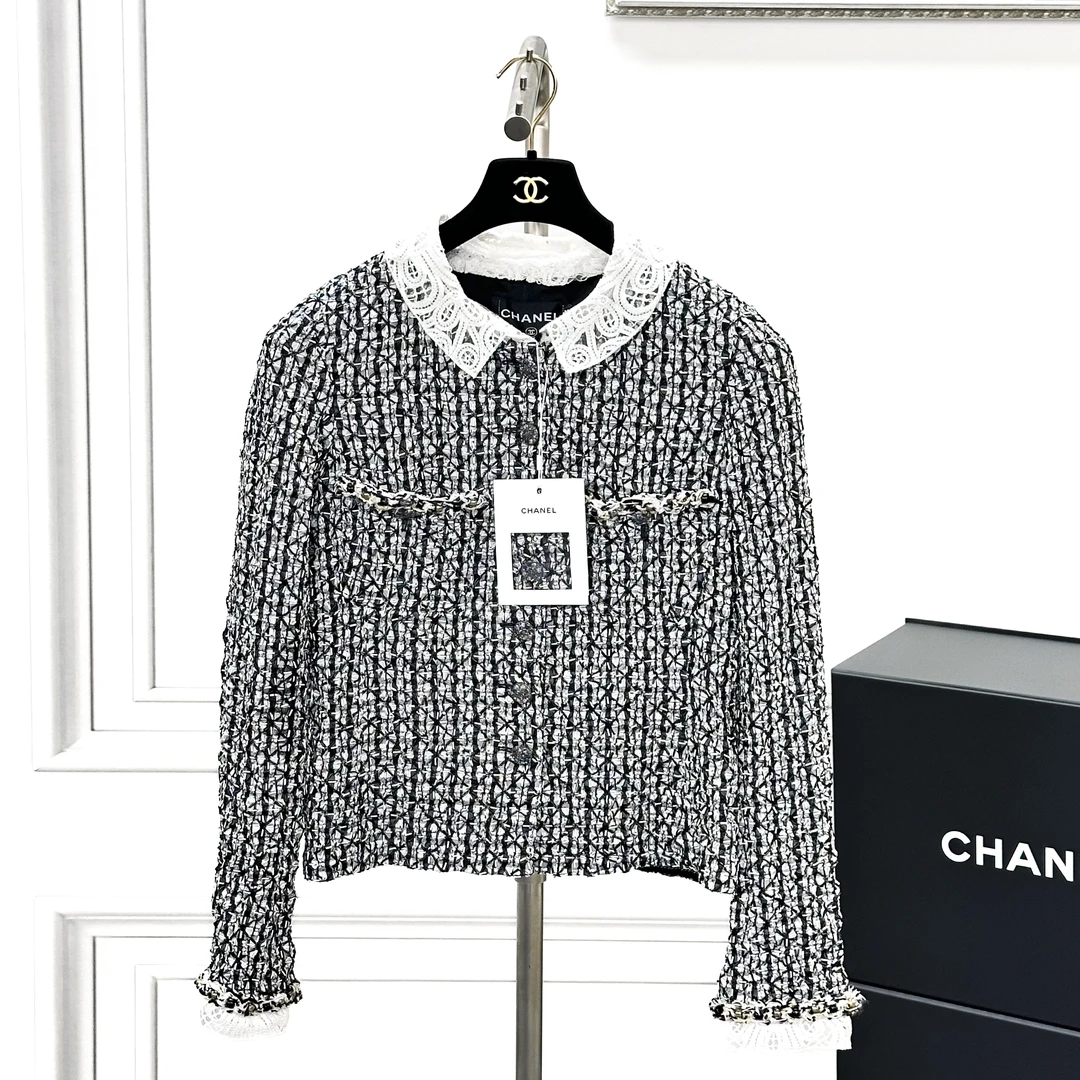 99新 Chanel/香奈儿 23A高级手工坊系列 38码白色蕾丝拼接外套
