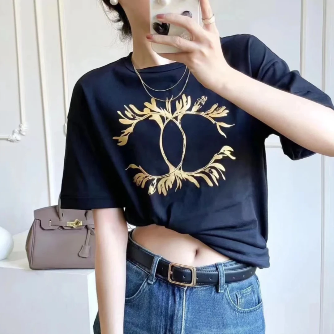 99新 Chanel/香奈儿  S码希腊系列金色双C图案黑色圆领短袖T恤