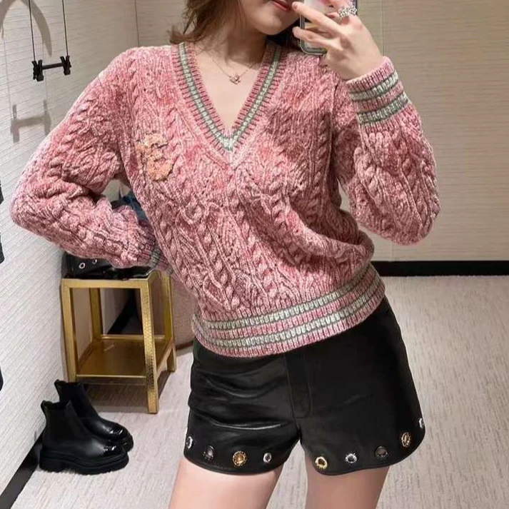 99新 Chanel/香奈儿 38码22B粉色针织V领毛衣