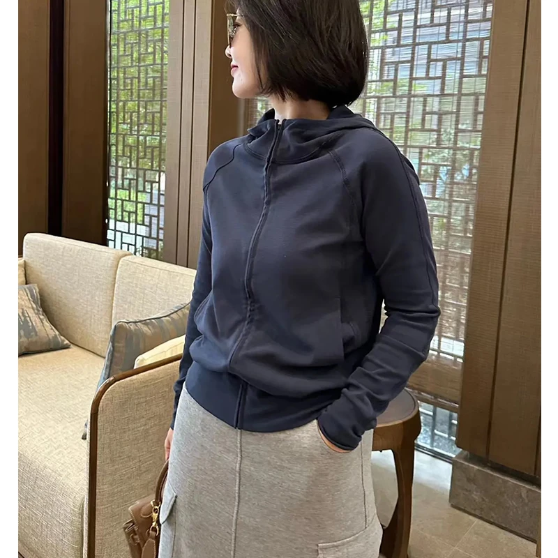 欧货薄款透气打底连帽卫衣女2024秋季新款复古运动修身长袖短上衣