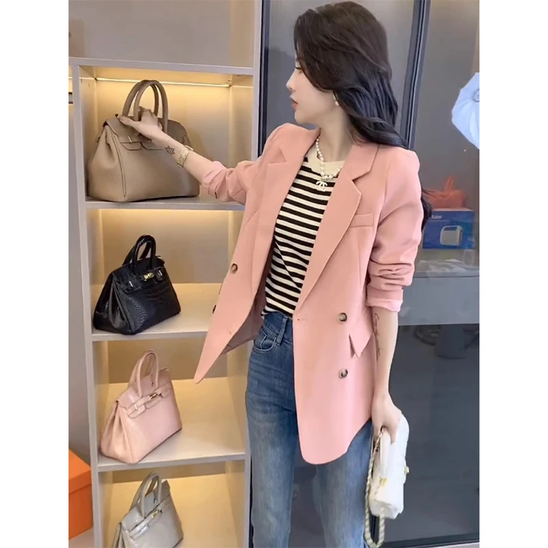 粉色休闲小西装外套女双排扣2024春复古显瘦百搭气质修身西服上衣