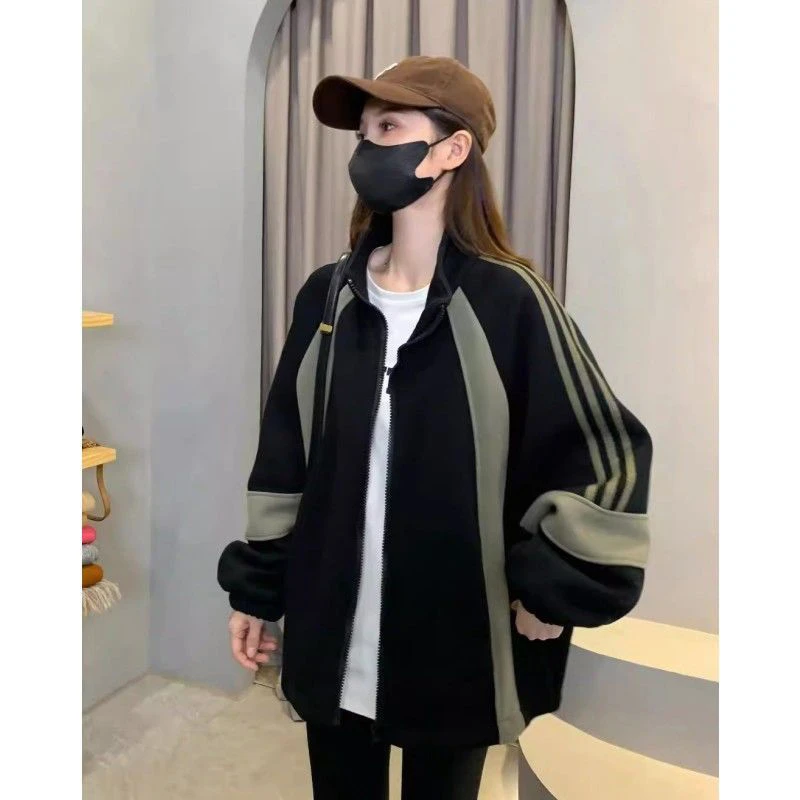 2024年早春新款美式复古撞色休闲棒球服夹克外套女运动小个子卫衣