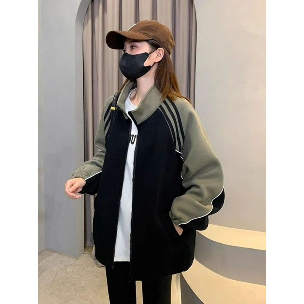 时尚百搭复古棒球服外套女2025春季新款宽松休闲立领拼色卫衣外套