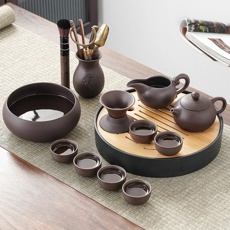 紫砂功夫茶具茶盘组合套装家用中式复古泡茶壶办公室会客茶壶茶杯