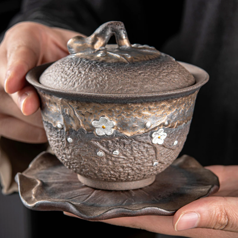 粗陶鎏金铁锈釉三才盖碗家用单个复古高档手抓功夫泡茶碗带盖茶碗