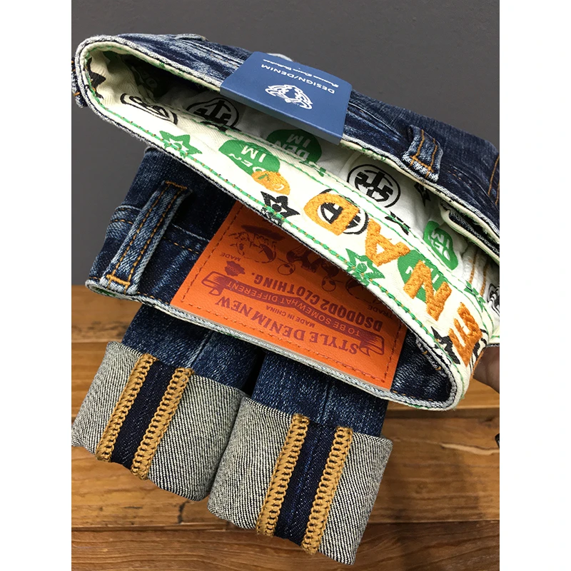 高端秋季新款牛仔裤男潮牌修身小直筒长裤弹力复古弹力印花九分裤