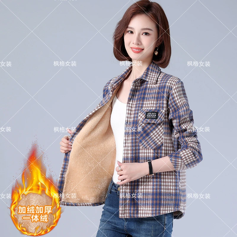 2025年一体绒 加绒加厚保暖格子衬衫 韩版休闲宽松百搭上衣女外套