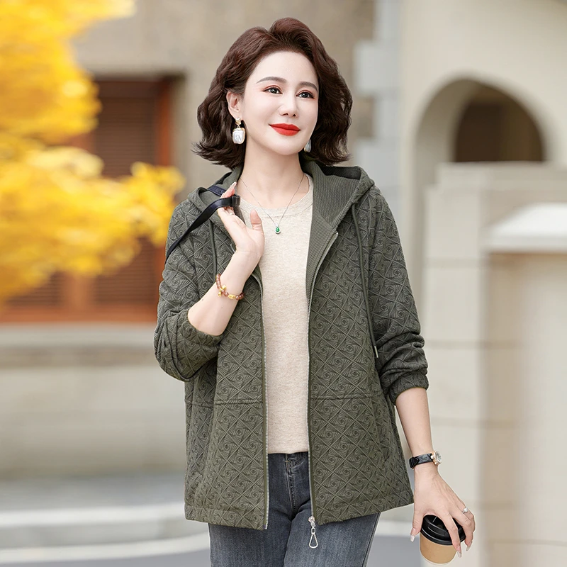 中年妈妈休闲洋气时尚外套宽松连帽新款中老年女装春秋夹克上衣女