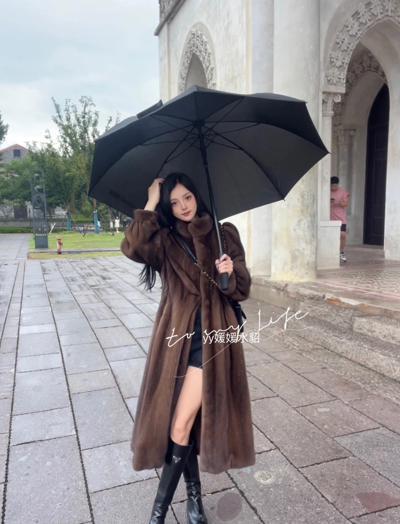 【袁袁年货节】天鹅绒级水貂毛皮草外套整貂皮大衣女长款立领翻领