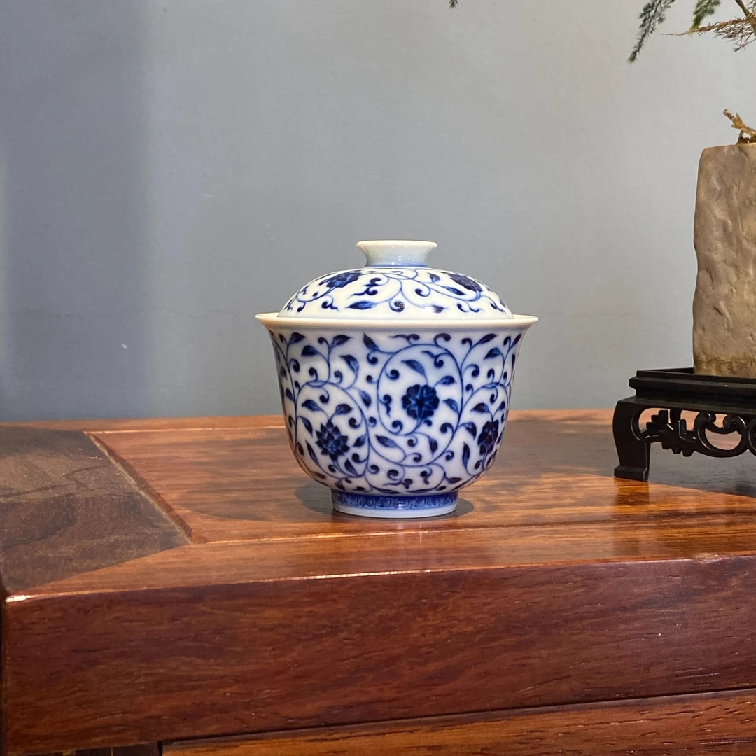 华军鼎成柴窑缠枝纹盖碗景德镇陶瓷