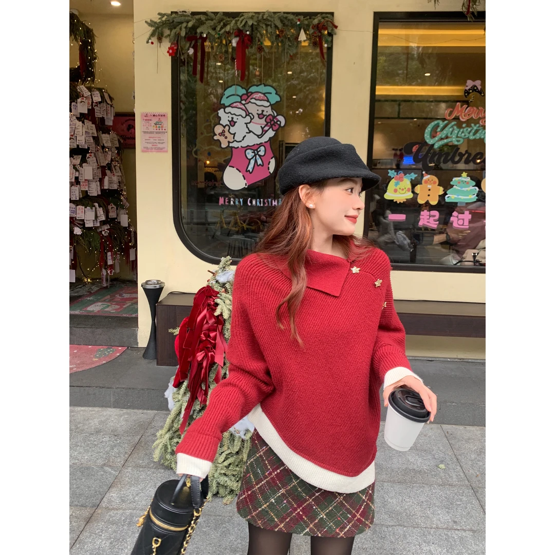 切糕自制【花朝暮时】小个子红色上衣女高领复古洋气新款小众毛衣