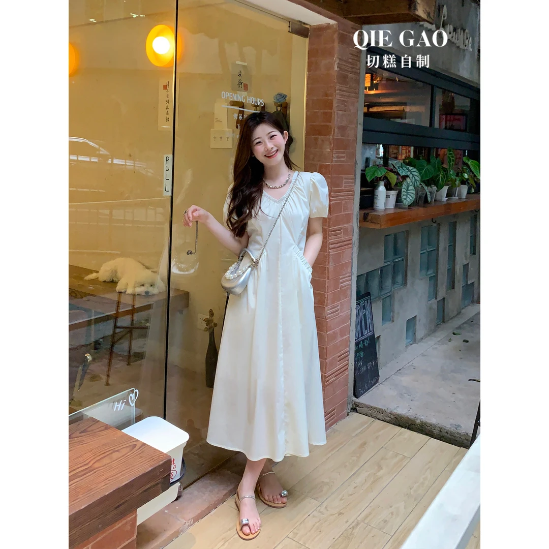 自制【香草薄荷】小个子夏季春季高腰气质V领连衣裙新款L19268G42