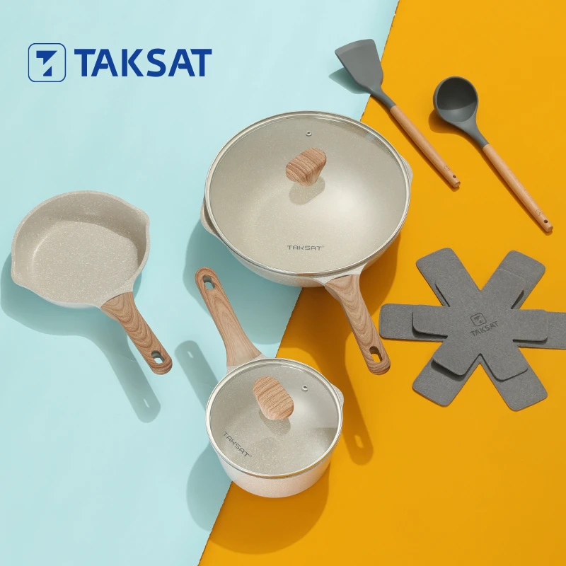 【官方店粉丝专属】TAKSAT德萨克甄选麦饭石不粘锅套装煎炸奶锅煎盘