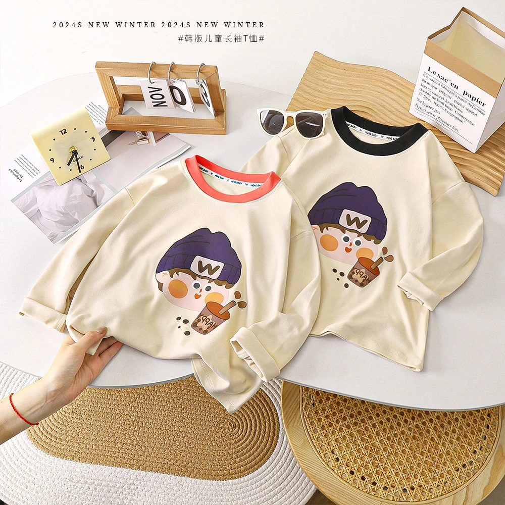 2024秋季新款儿童娃娃头长袖T恤打底衫宝宝圆领上衣