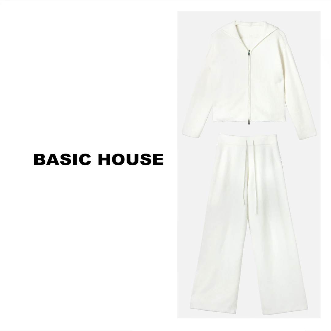 Basic House/百家好纯色两件套女2024年春新款浣熊绒休闲针织套装