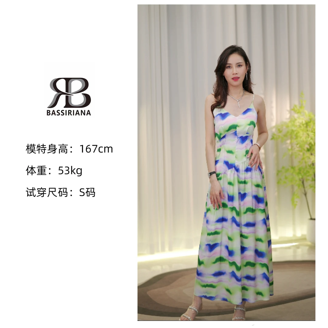 2024新款时尚无袖印花长裙收腰吊带连衣裙女823020