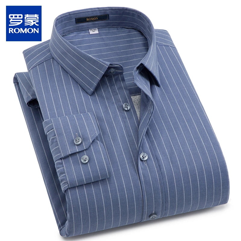 罗蒙冬季加绒加厚衬衫男长袖绵羊毛保暖衬衣竹纤维休闲条纹外套男