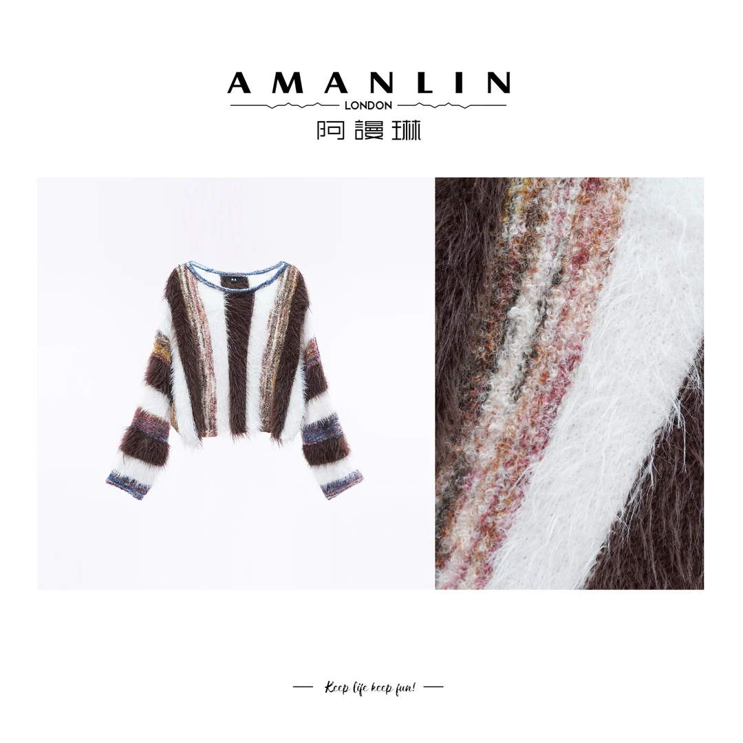 【AMANLIN】秋季新款设计感条纹圆领上衣时尚小众甜美风气质F593305