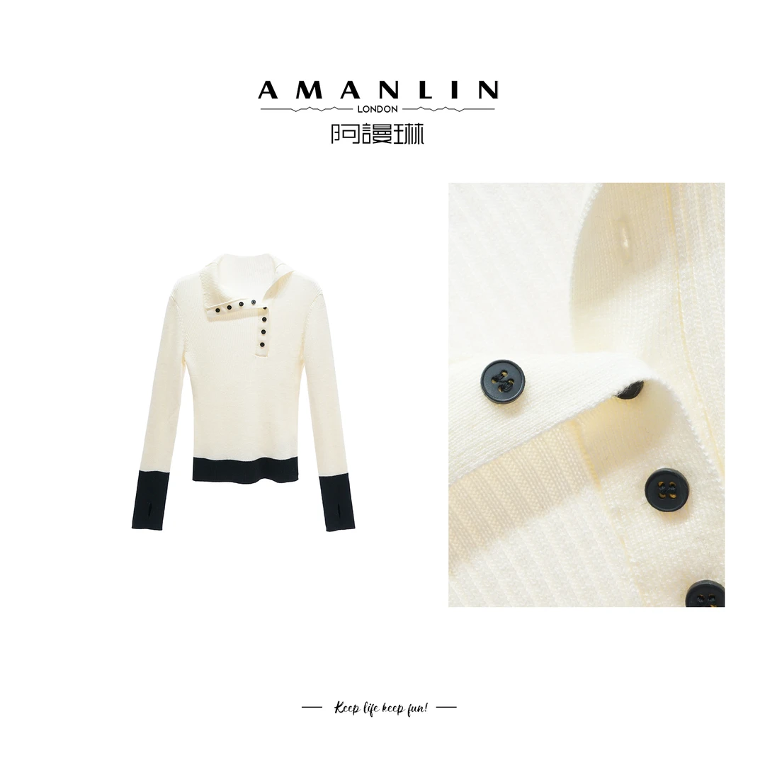 【AMANLIN】欧若风气质显瘦不规则领设计感针织百搭小众上衣F593865