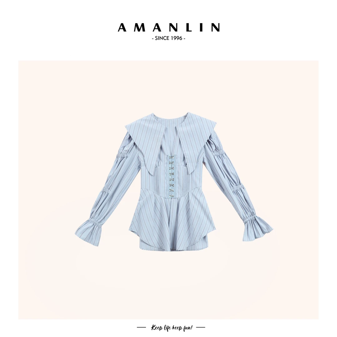 【AMANLIN】秋季新品港风气质日常通勤长袖衬衫设计感上衣589006