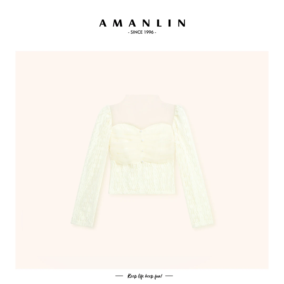 【AMANLIN】秋季新款小众一字肩短款修身显瘦蕾丝衫-590571