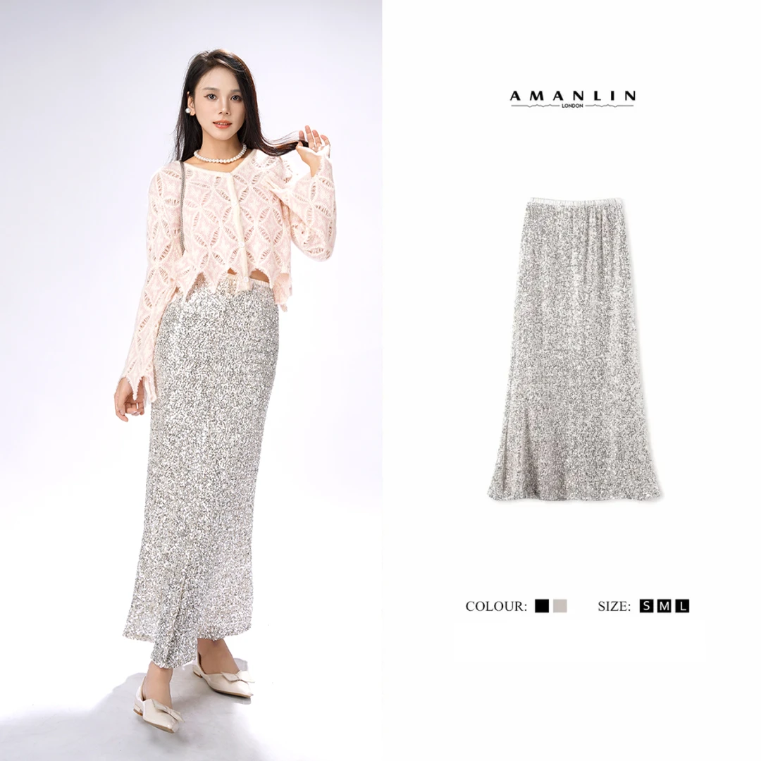 【AMANLIN】秋季新款欧若风闪光鳞片小众百搭显瘦气质半身裙F592989