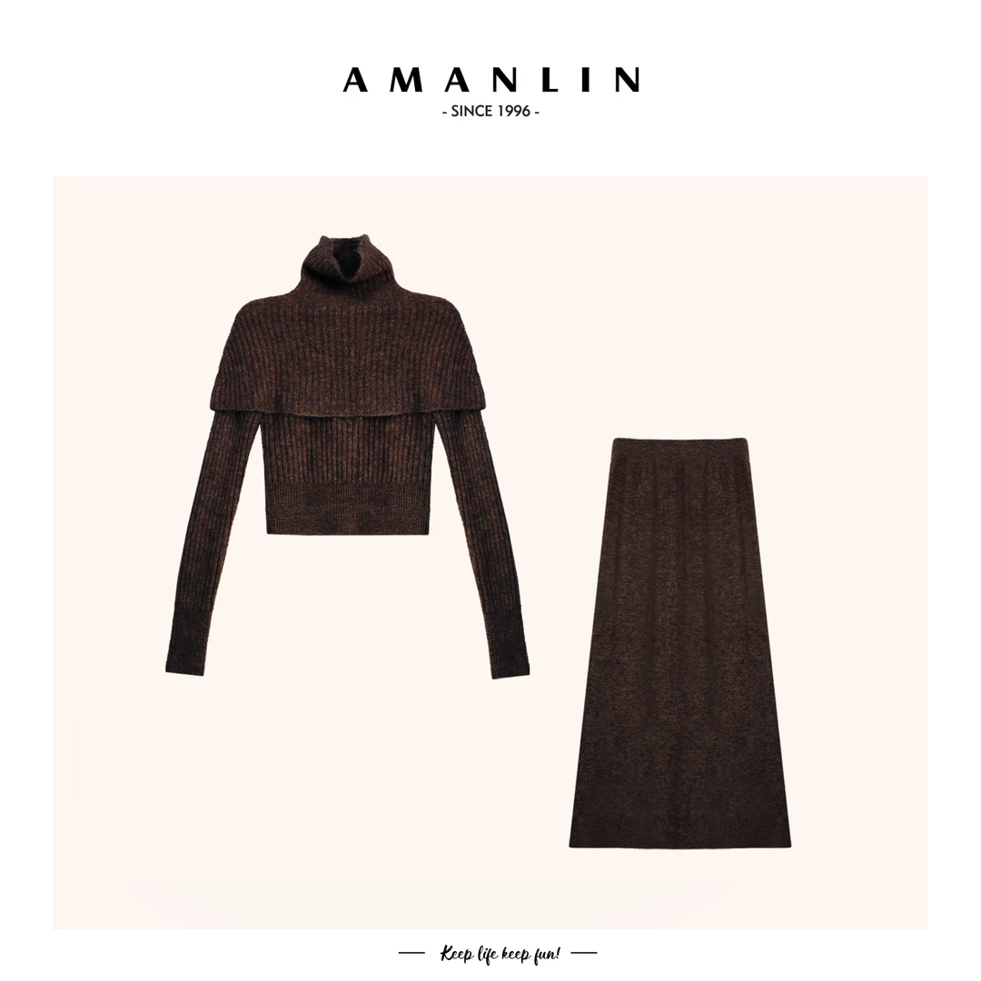 【AMANLIN】秋季新款别致独特设计感小众高领时尚套装女590562