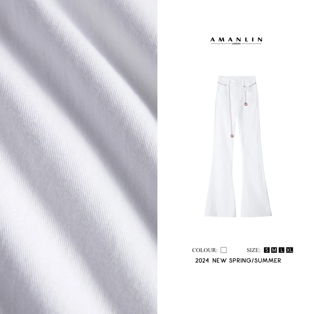 【AMANLIN】秋季穿搭微喇立体玫瑰高腰链条显瘦修身牛仔裤女L592569