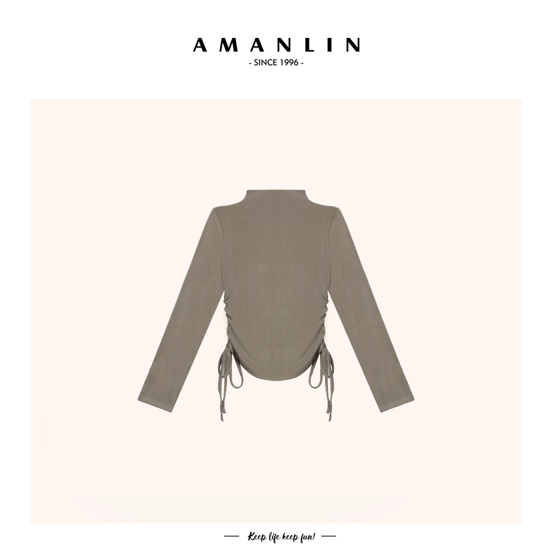 【AMANLIN】秋季新款半高领修身显瘦百搭褶皱针织衫女-590536