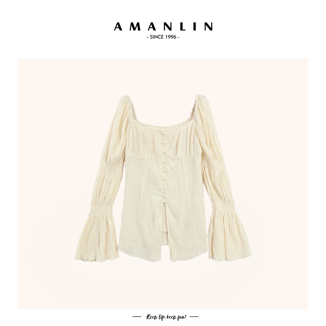 【 AMANLIN】法式盐系方领下摆开衩长袖纯色雪纺上衣AML-589188