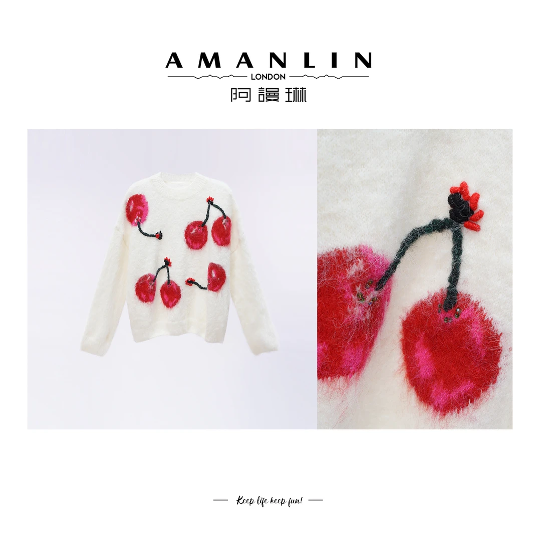 【AMANLIN】秋季新款圆领樱桃毛茸茸欧若风百搭上衣毛衣休闲F593399