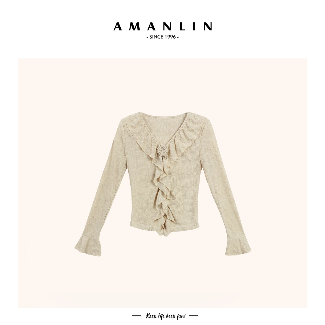 【AMANLIN】秋季新款荷叶边V领喇叭袖立体花朵针织衫AML-589775