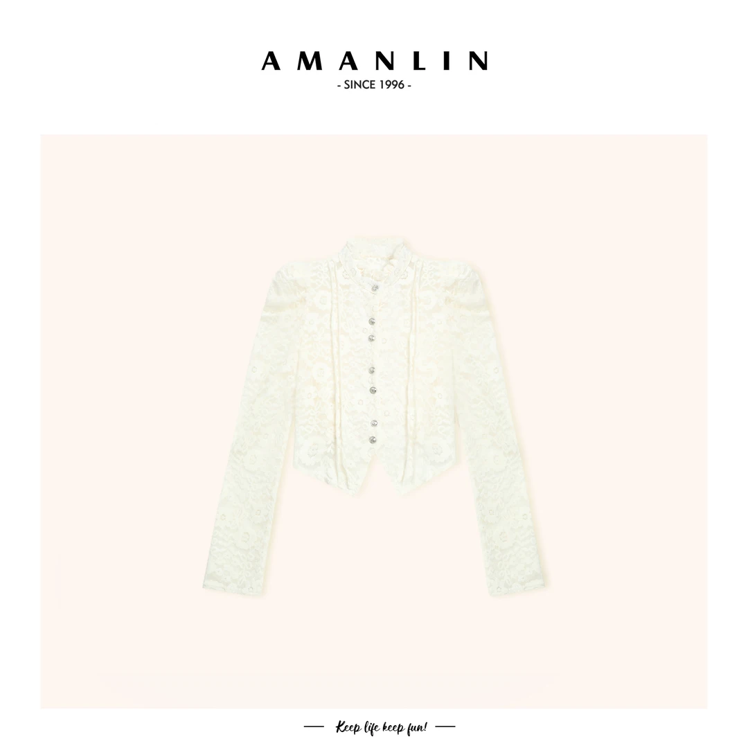 【AMANLIN】秋季新款立领泡泡袖短款不规则镂空修身蕾丝衫590323