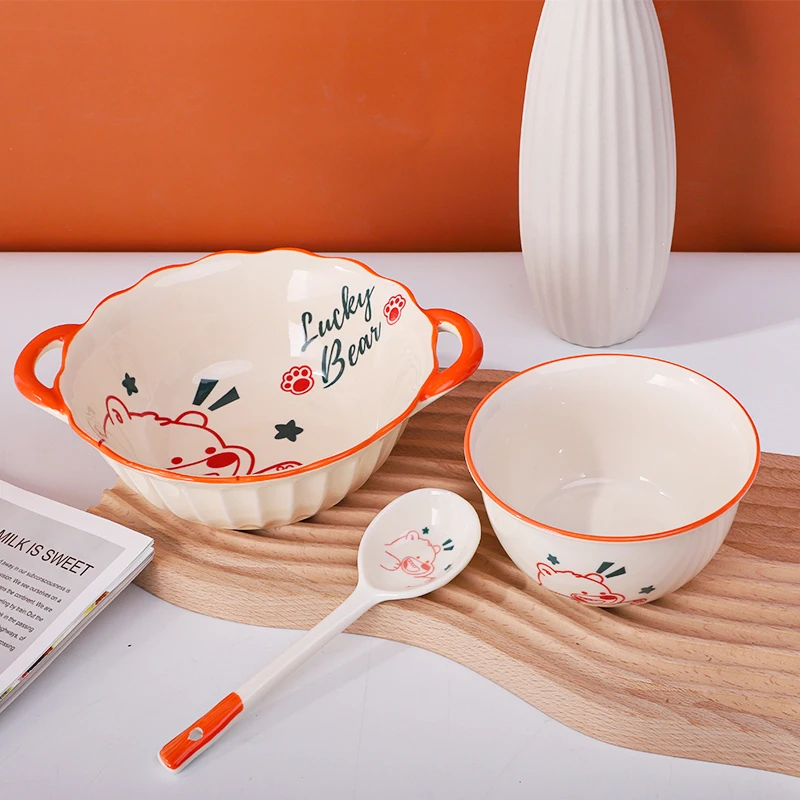 雅诚德奶油熊一人食餐具3件套家用陶瓷碗套装可爱米饭碗双耳汤碗