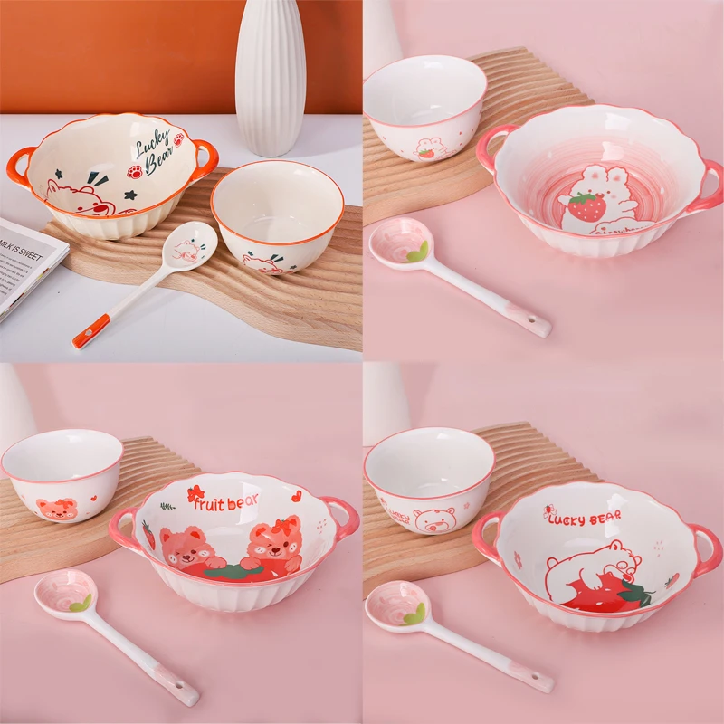 雅诚德可爱卡通一个人专用3件套陶瓷米饭碗勺双耳汤碗餐具套装