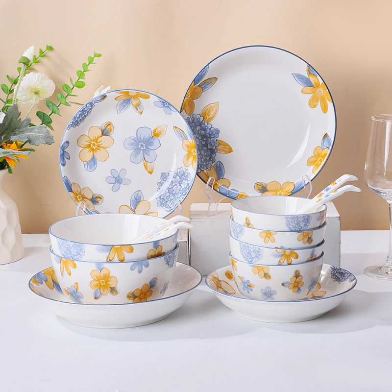 Arst/雅诚德绣球花小清新餐具陶瓷碗盘勺14件套组家庭用菜盘饭碗