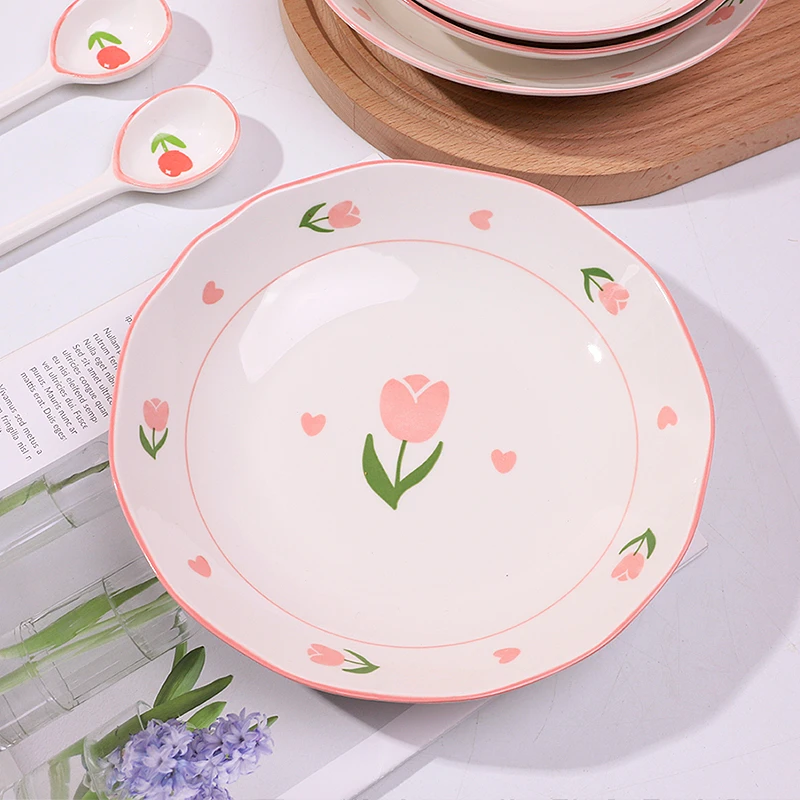雅诚德小清新8英寸圆盘4个釉下彩家用郁金香高颜值盘子陶瓷餐具