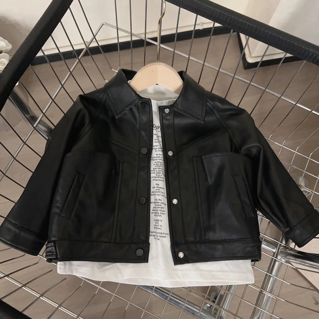 【两个小盆友】2024春款儿童新款韩版百搭皮衣外套黑色帅气时尚6625