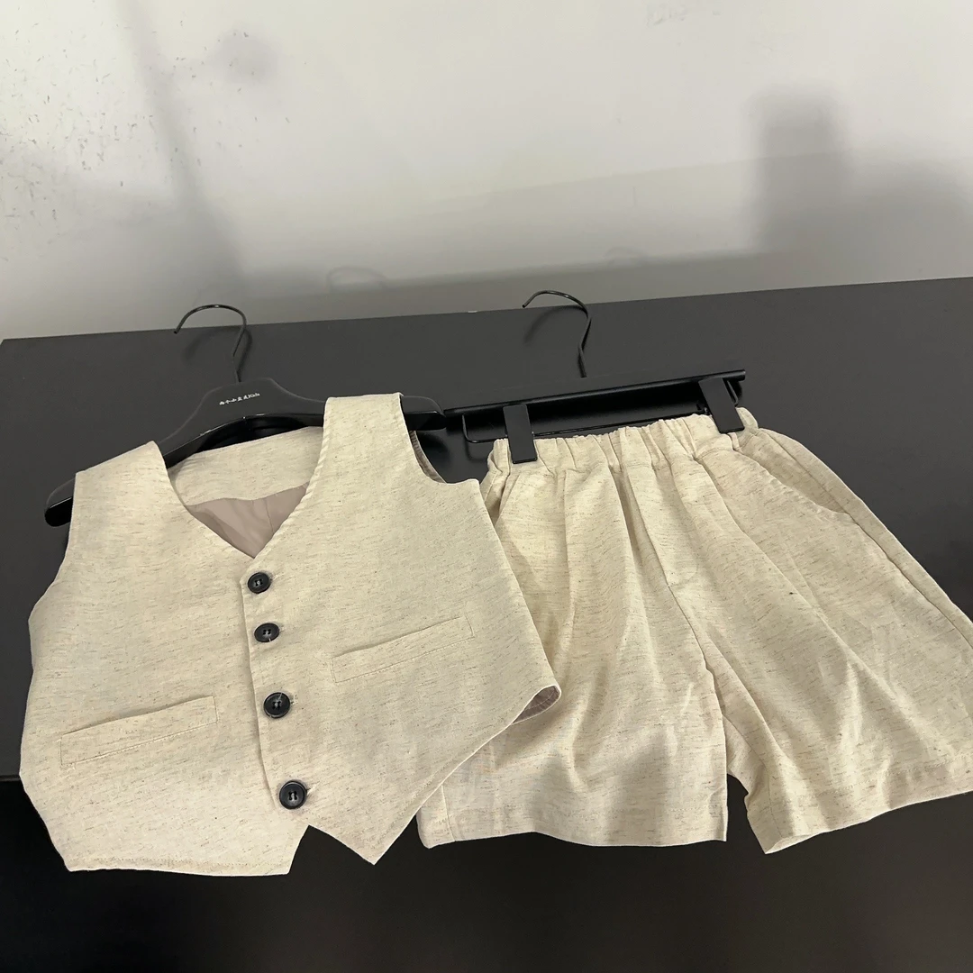 【两个小盆友】儿童夏季高级感杏色马甲棉麻套装阔腿裤两件套9863