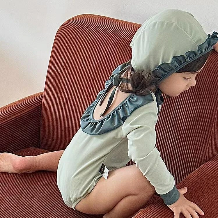 【两个小盆友】女儿童露背花边泳衣长袖宝宝连体公主连体泳装30107